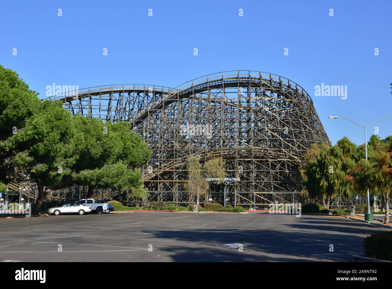A wooden roller coaster at Knott's Berry Farm in Los Angeles Stock