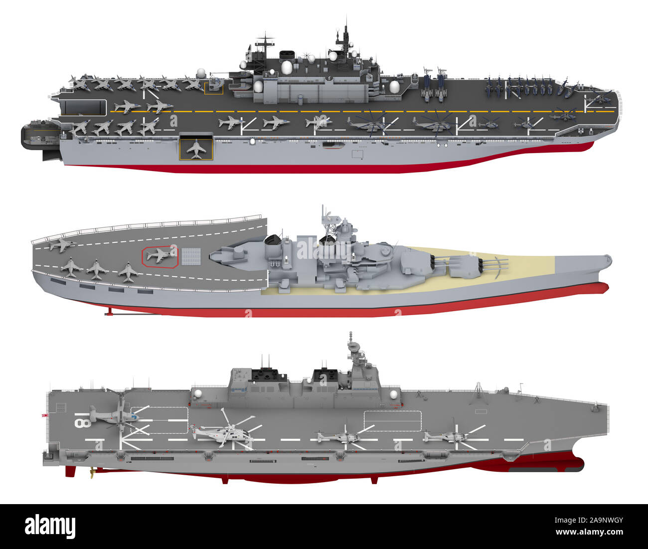 set of aircraft carriers isolated on white. 3d rendering Stock Photo