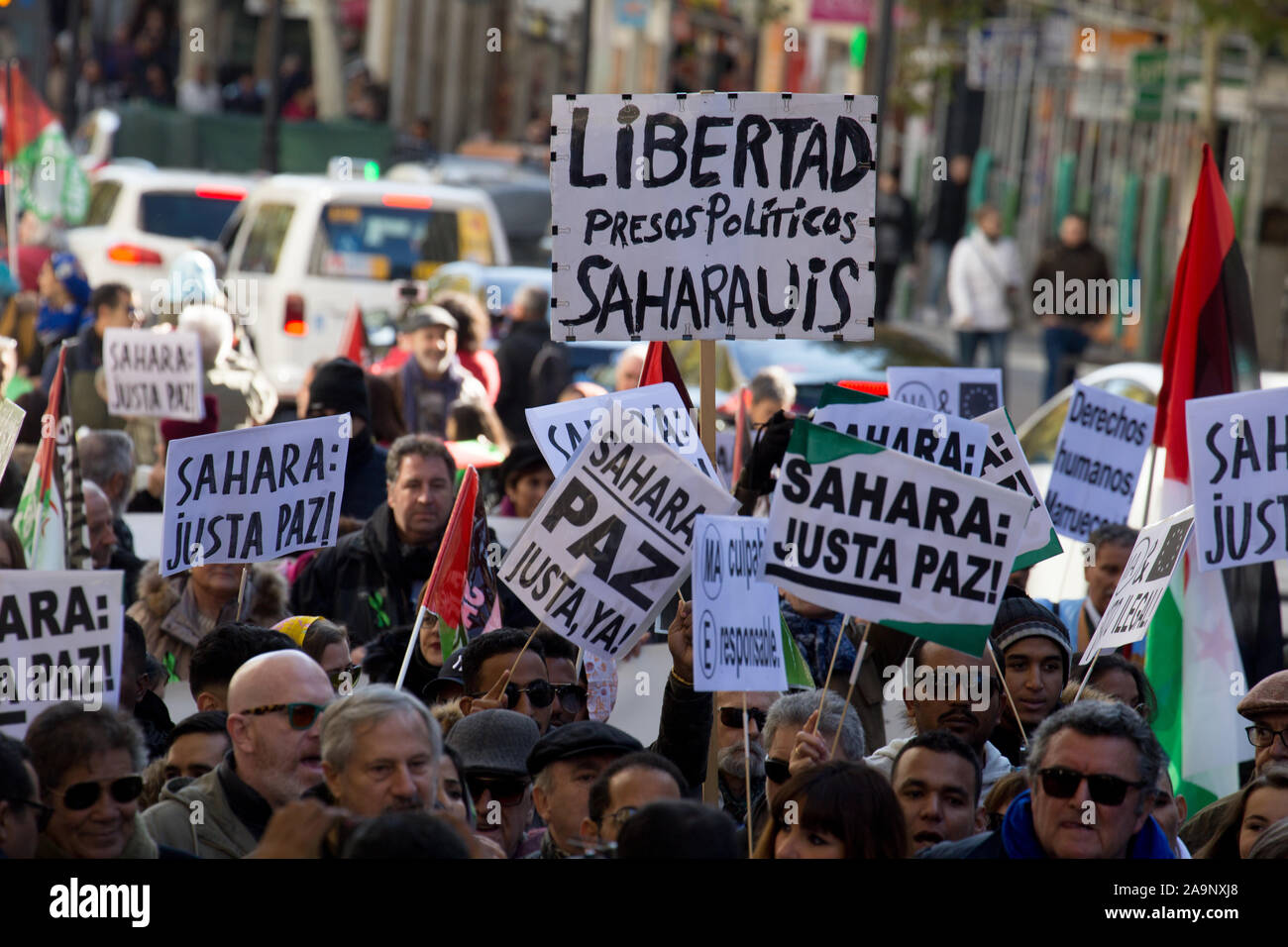 Madrid, Spain. 16th Nov, 2019. Protesters hold placards during the demonstration.Thousands of Saharawis arrive from all over Spain to demand the end of Morocco's occupation in Western Sahara, the freedom of political prisoners, in support of the Polisario Front and to demand solutions from the Spanish government. Western Sahara was a Spanish colony until 1976 where Spain left the territory. Later Morocco occupied part of Western Sahara and still part of the Saharawi population lives in refugee camps in the desert in Algeria and in Spain. Credit: SOPA Images Limited/Alamy Live News Stock Photo