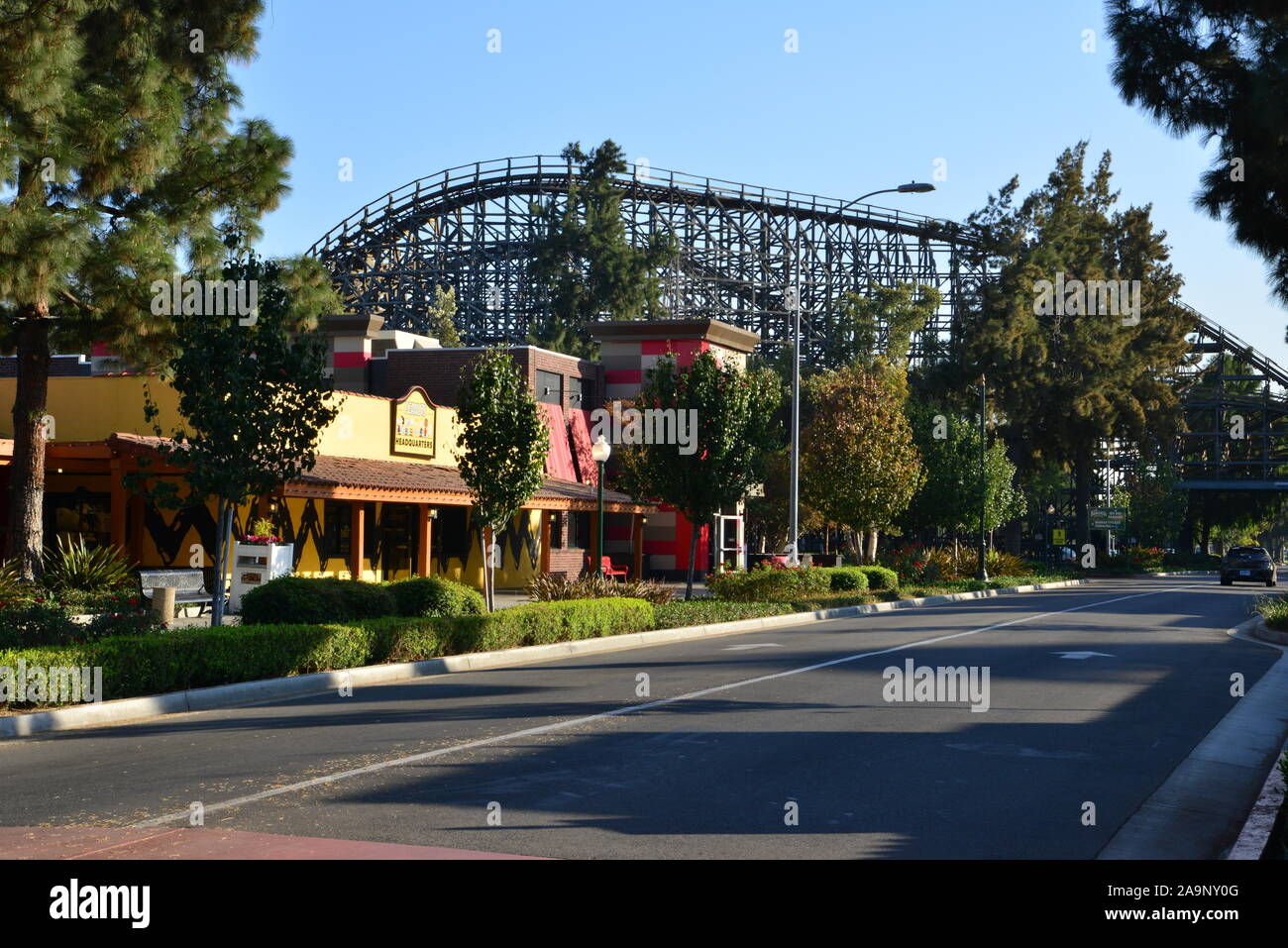 A wooden roller coaster at Knott's Berry Farm in Los Angeles Stock