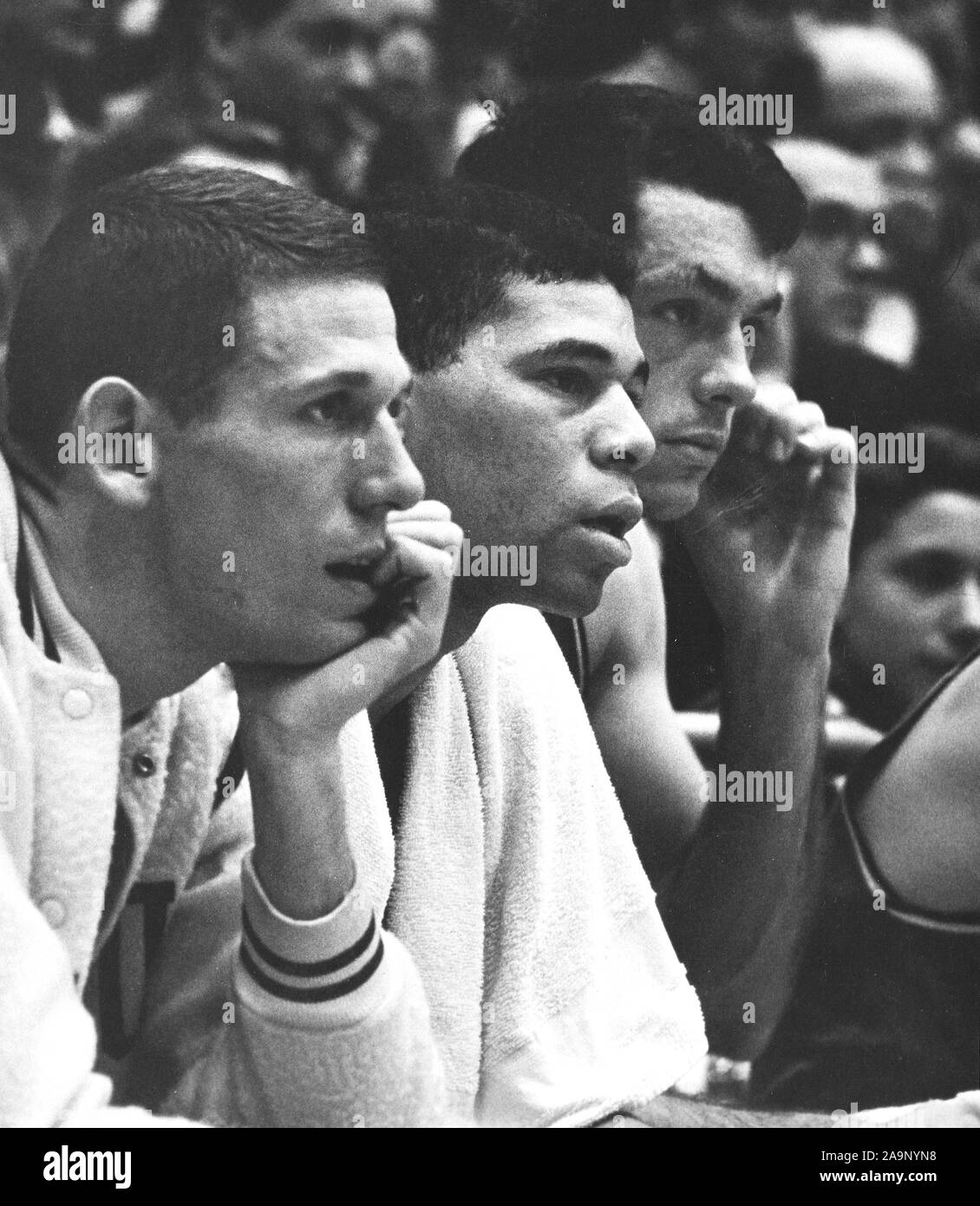 Photograph of Jeff Mullins, Willie Jones and Bill Bradley at the 1964 U.S. Olympic Basketball Team Elimination Tournament Stock Photo