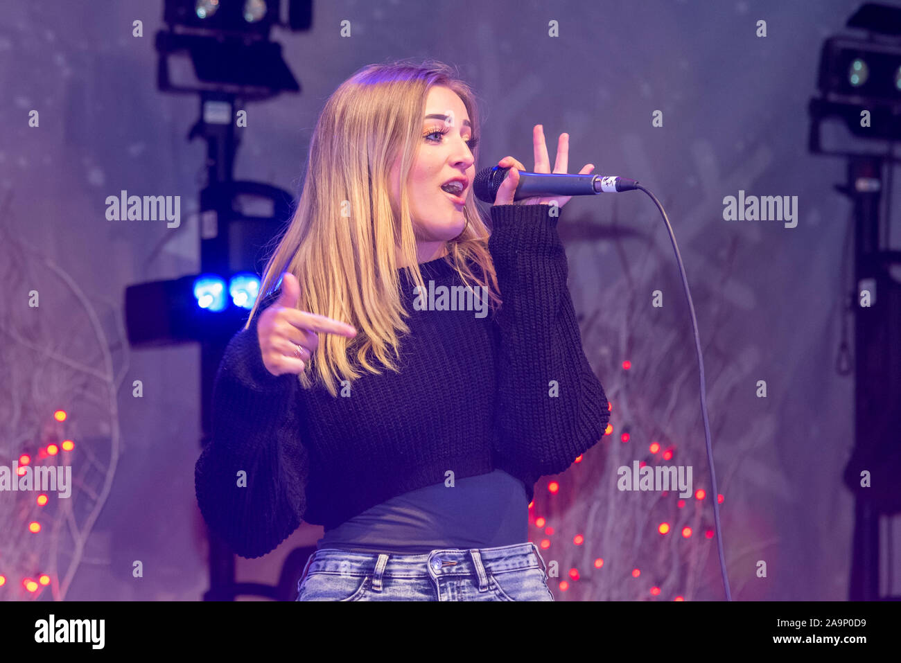 of girl group 2AM at the Southend on Sea Christmas lights switch on event in the High Street, Southend, Essex, UK. By Southend BID Stock Photo