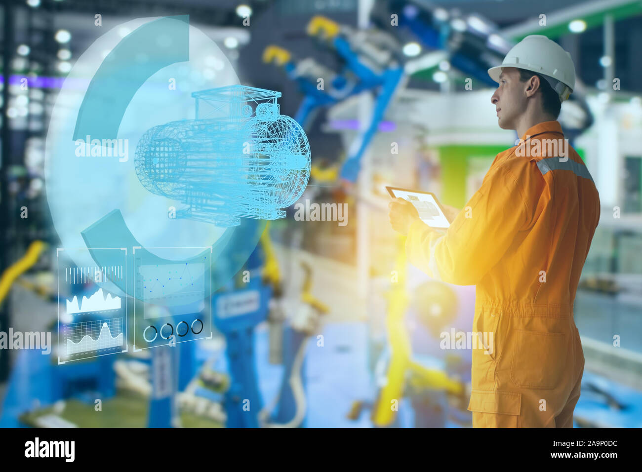 iot smart technology futuristic in industry 4.0 concept, engineer use augmented mixed virtual reality to education and training, repairs and maintenan Stock Photo