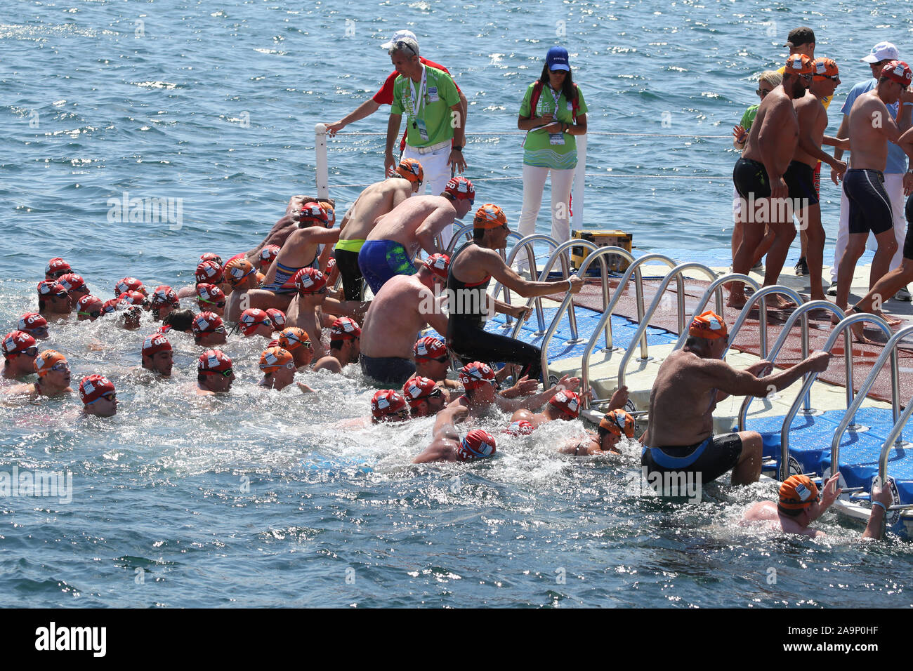 ISTANBUL, TURKEY JULY 21, 2019 Swimmers in finish of Samsung Bosphorus Cross Continental