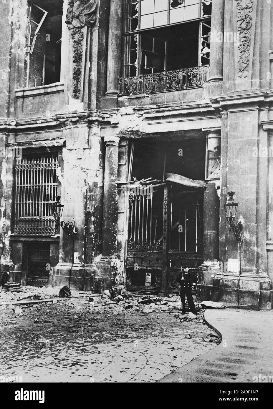 German Revolution - Disturbances in Potsdam, Germany. Entrance to Imperial Palace in Potsdam wrecked by Spartacans ca. 1918-1919 Stock Photo