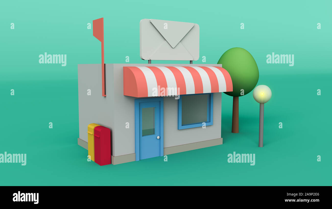 low poly Building of isolated post office around with tree and light