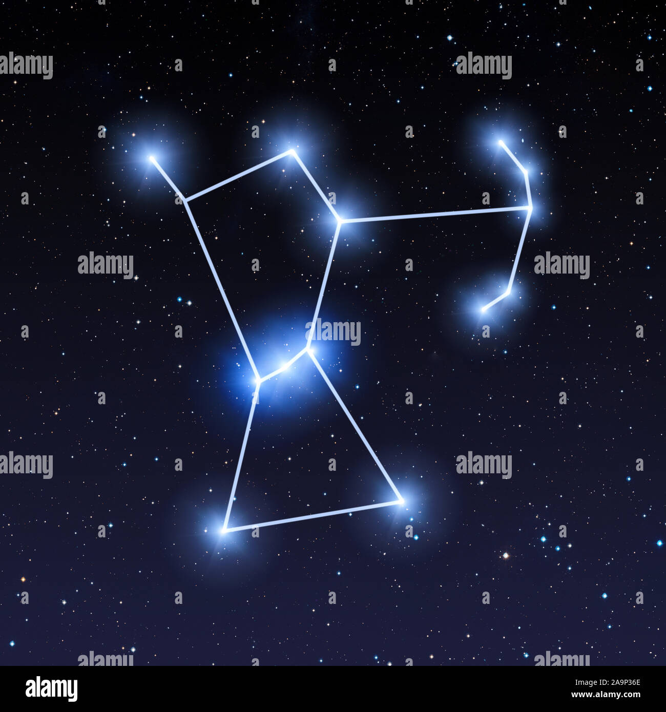 Orion constellation in night sky with bright blue stars Stock Photo