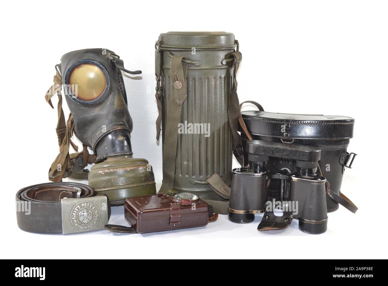 German equipment WW2 gase mask binoculars belt buckle light Stock Photo