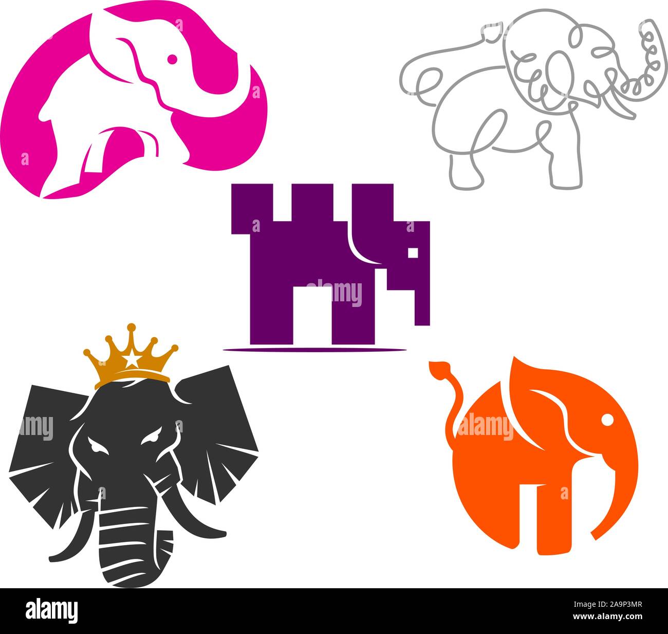 Elephant Logo Design Vector Illustration Template Set Stock Vector