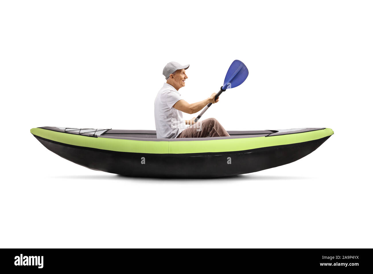 Senior man in a kayak paddling isolated on white background Stock Photo