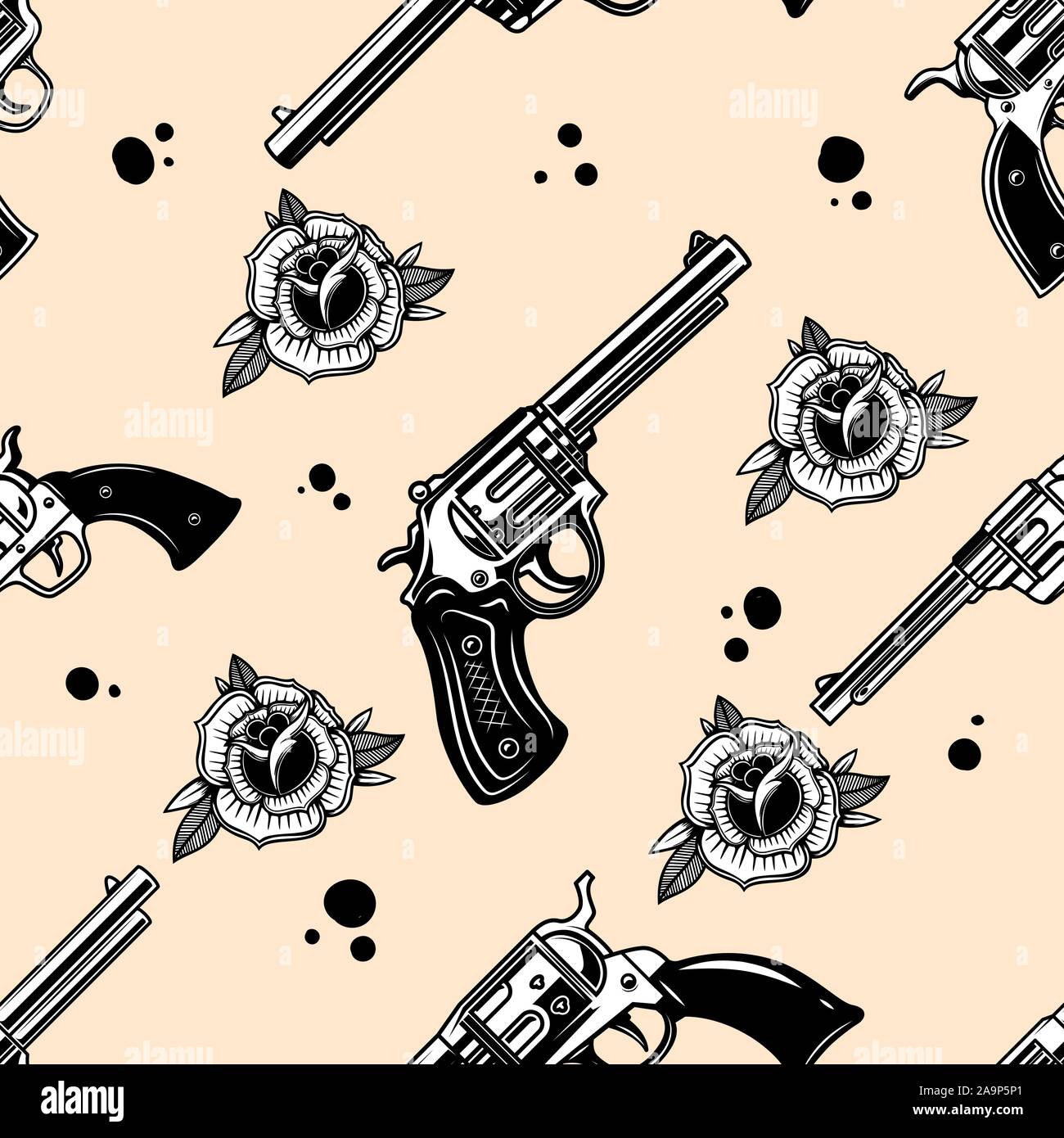 Seamless pattern with revolvers and roses. Design element for poster, card, banner, t shirt. Vector illustration Stock Vector