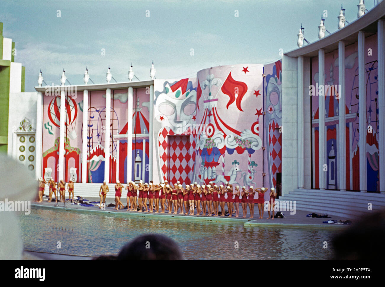 Swimmers prepare for a display at the Billy Rose Aquacade, a water