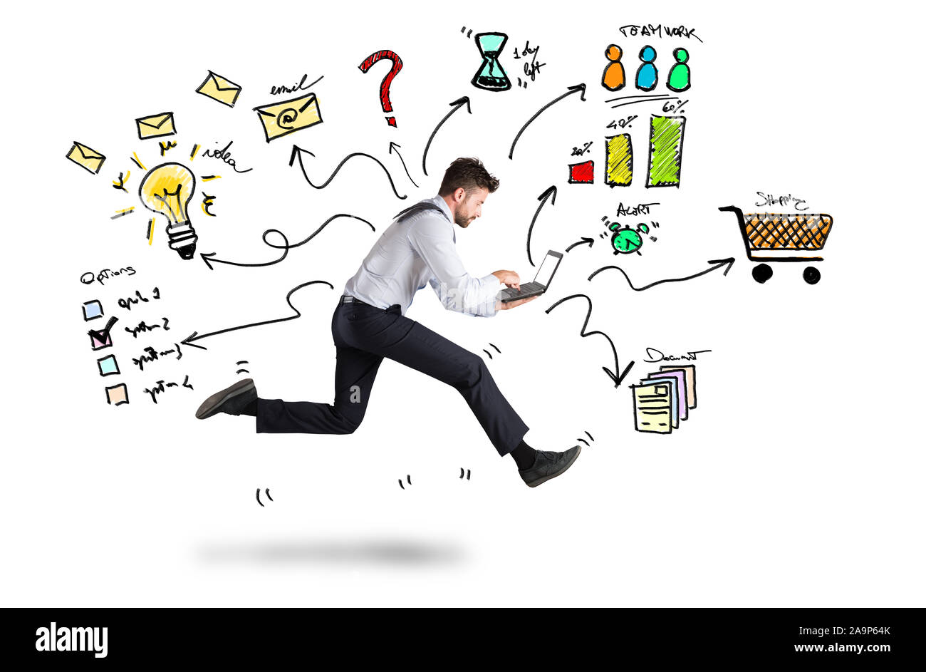 Businessman runs with too many tasks on laptop. Concept of stress and ...