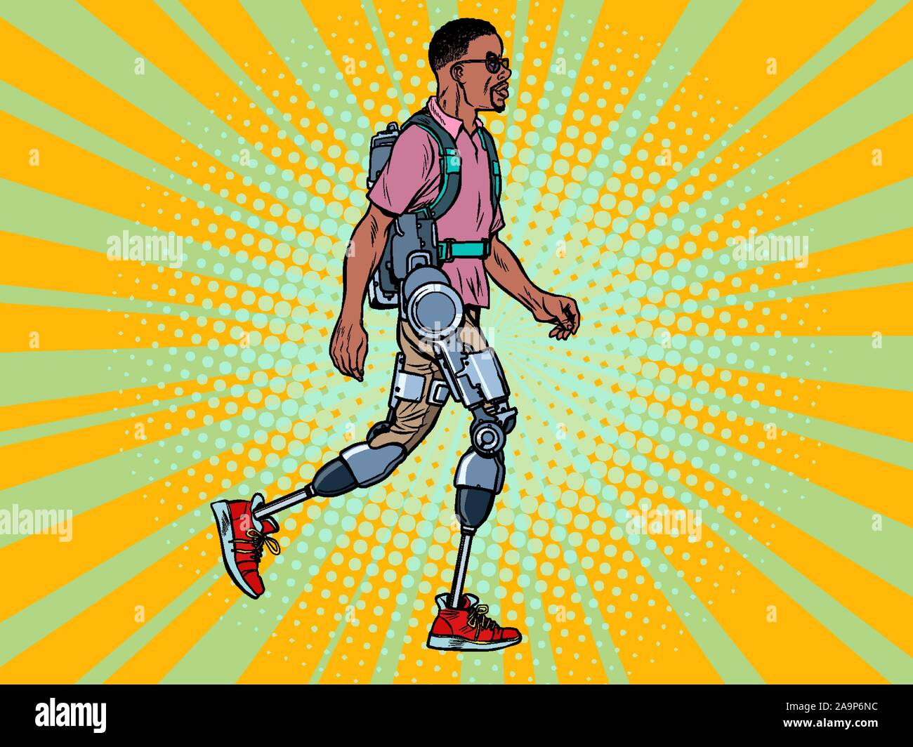 exoskeleton for the disabled. african man legless veteran walks. rehabilitation treatment recovery. science and technology Stock Vector