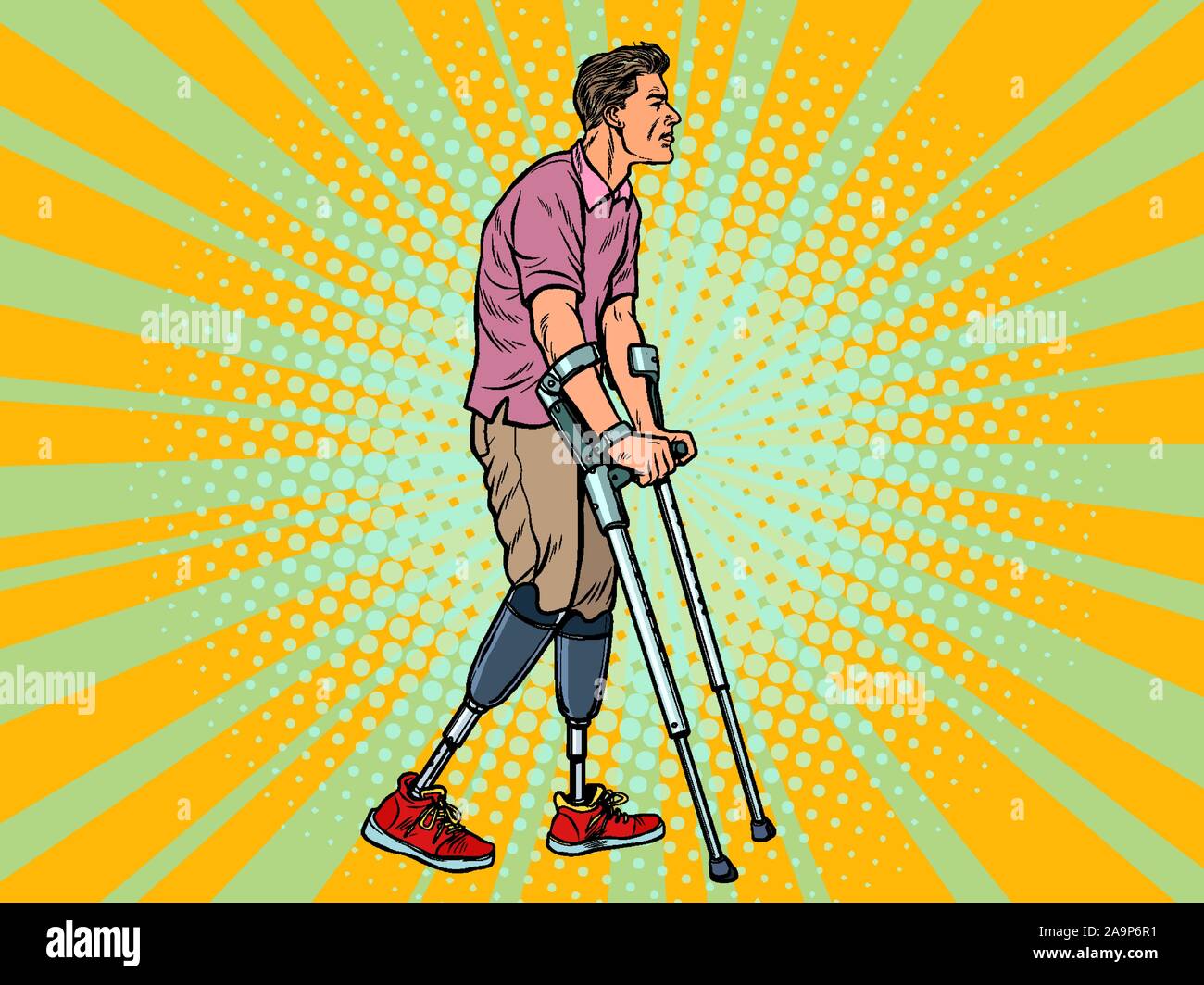 legless veteran with a bionic prosthesis with crutches. a disabled man learns to walk after an injury. rehabilitation treatment and recovery Stock Vector