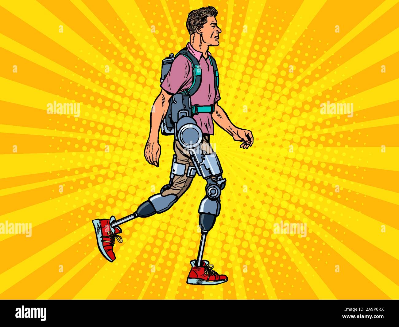 exoskeleton for the disabled. A man legless veteran walks. rehabilitation treatment recovery. science and technology Stock Vector