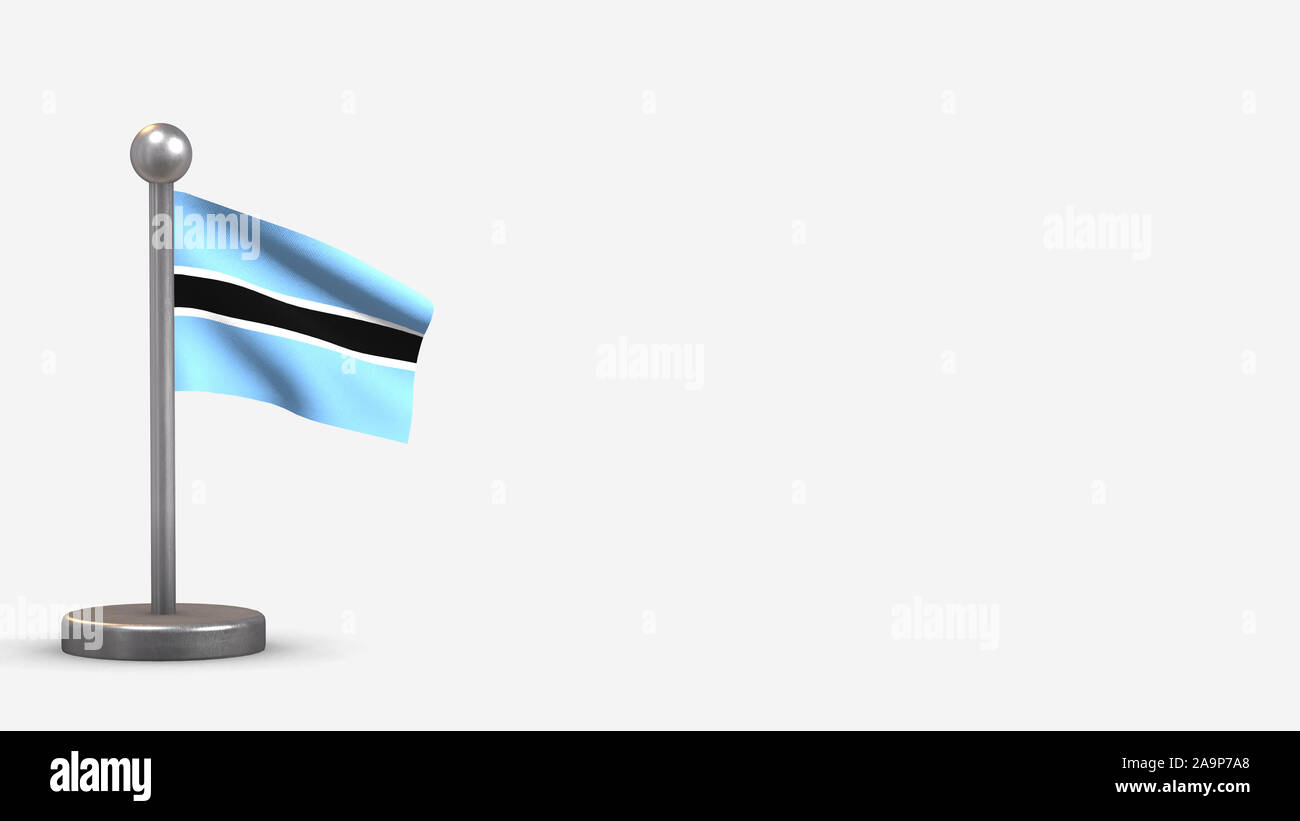 Botswana 3D waving flag illustration on a tiny metal flagpole. Isolated ...