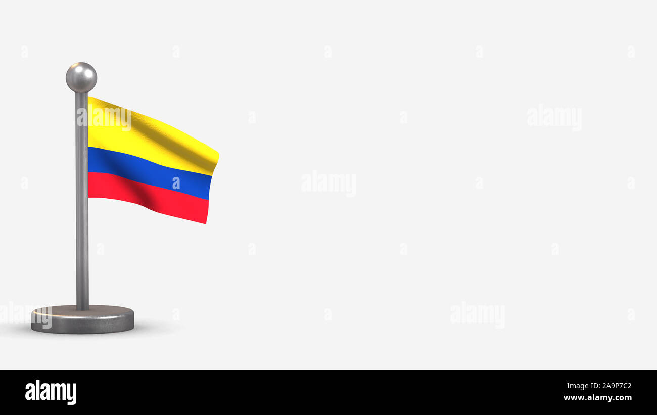 Colombia 3D waving flag illustration on a tiny metal flagpole. Isolated on white background with space on the right side. Stock Photo