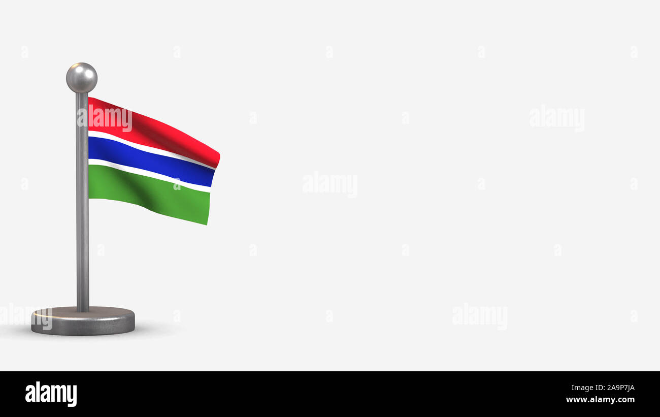 Gambia 3D waving flag illustration on a tiny metal flagpole. Isolated ...