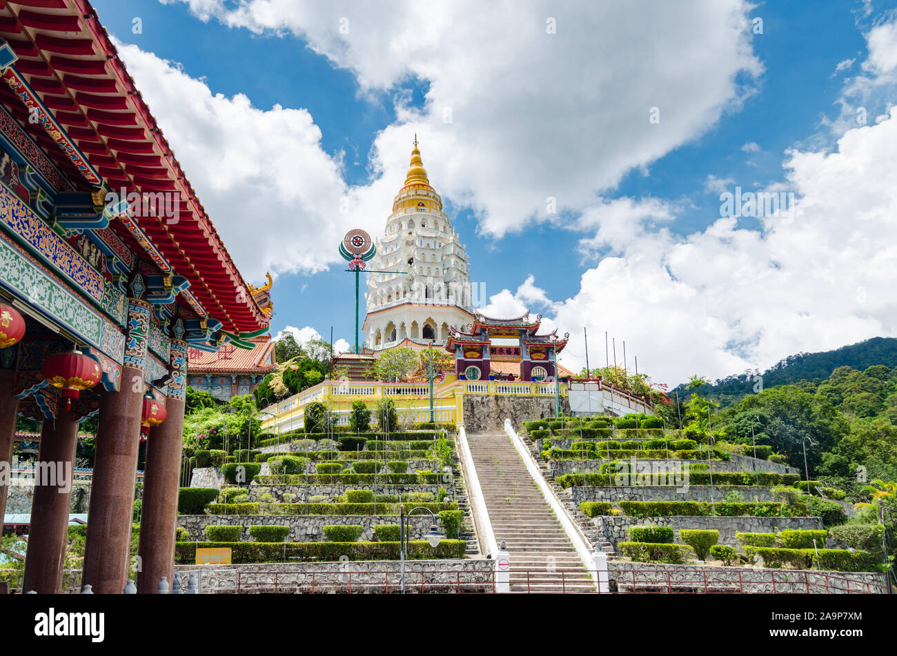 The Kek Lok Si pagoda is icon of Penang, it is a unique structure that it is a union of three cultures, namely Chinese, Thai and Burmese. Stock Photo