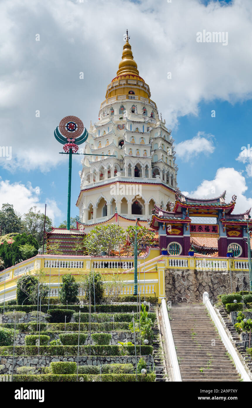 The Kek Lok Si pagoda is icon of Penang, it is a unique structure that it is a union of three cultures, namely Chinese, Thai and Burmese. Stock Photo