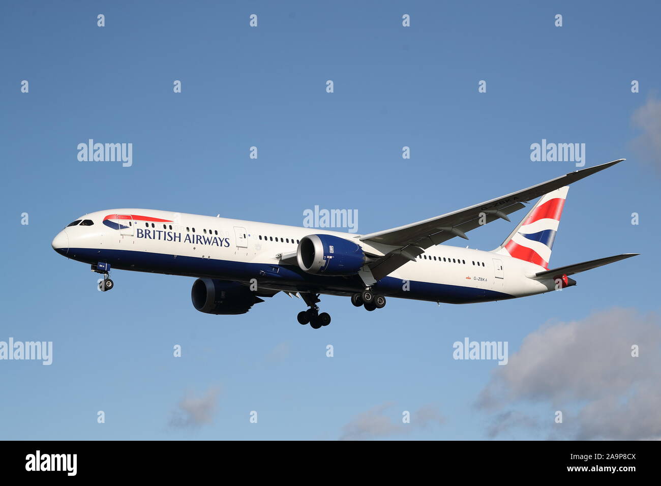 British Airways Boeing 787-9 Dreamliner G-ZBKA  landing at London Heathrow Airport, UK Stock Photo