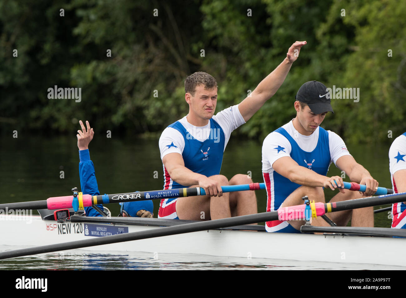 Henley-on-Thames. United Kingdom.  Prince Albert Challenge Cup, Newcastle cox and bow, indicating they are not aligned. 2017 Henley Royal Regatta, Henley Reach, River Thames.   10:10:43  Saturday  01/07/2017     [Mandatory Credit. Peter SPURRIER/Intersport Images. Stock Photo