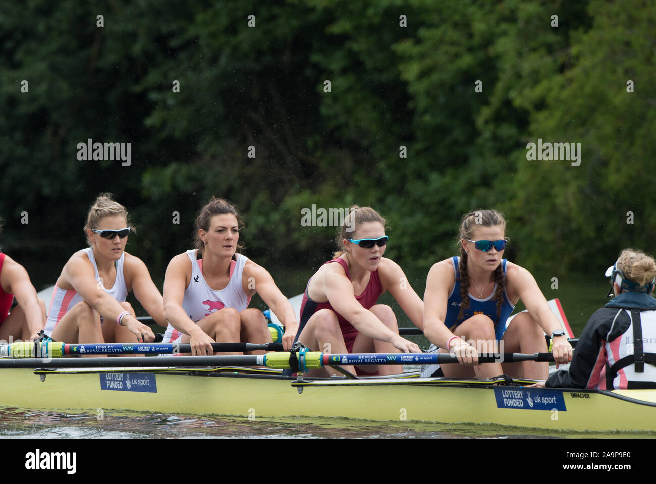 Henley-on-Thames. United Kingdom.   Remenham Challenge Cup. Leander Club and University of London, left to right. Josephine WRATTEN, Lady Katherine DOUGLAS. Annie WITHERS R. SHORTEN and cox E. WYSOCKI-JONES.  2017 Henley Royal Regatta, Henley Reach, River Thames.   11:50:07  Saturday  01/07/2017     [Mandatory Credit. Peter SPURRIER/Intersport Images. Stock Photo