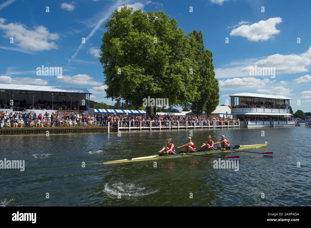 Henley-on-Thames. United Kingdom.  2017 Henley Royal Regatta, Henley Reach, River Thames.  Final Women's Four. Hollandia Roeiclub, Netherland, passing through the The Stewards Enclousure.  15:27:11  Sunday  02/07/2017     [Mandatory Credit. Peter SPURRIER/Intersport Images. Stock Photo