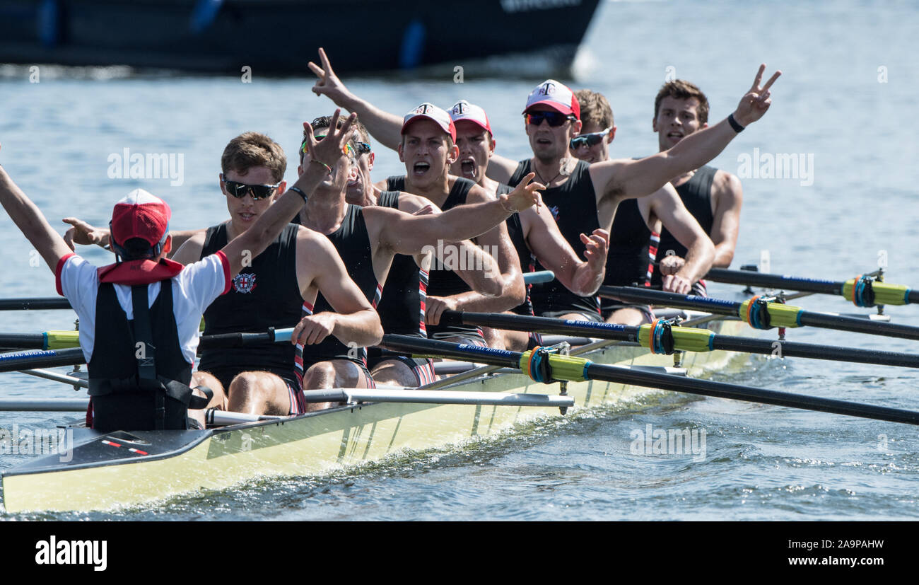 Henley-on-Thames. United Kingdom.  2017 Henley Royal Regatta, Henley Reach, River Thames.  The Thames Challenge Cup. Thames 'A' celebrate after winning the final, 16:08:34  Sunday  02/07/2017,     [Mandatory Credit. Peter SPURRIER/Intersport Images], Stock Photo