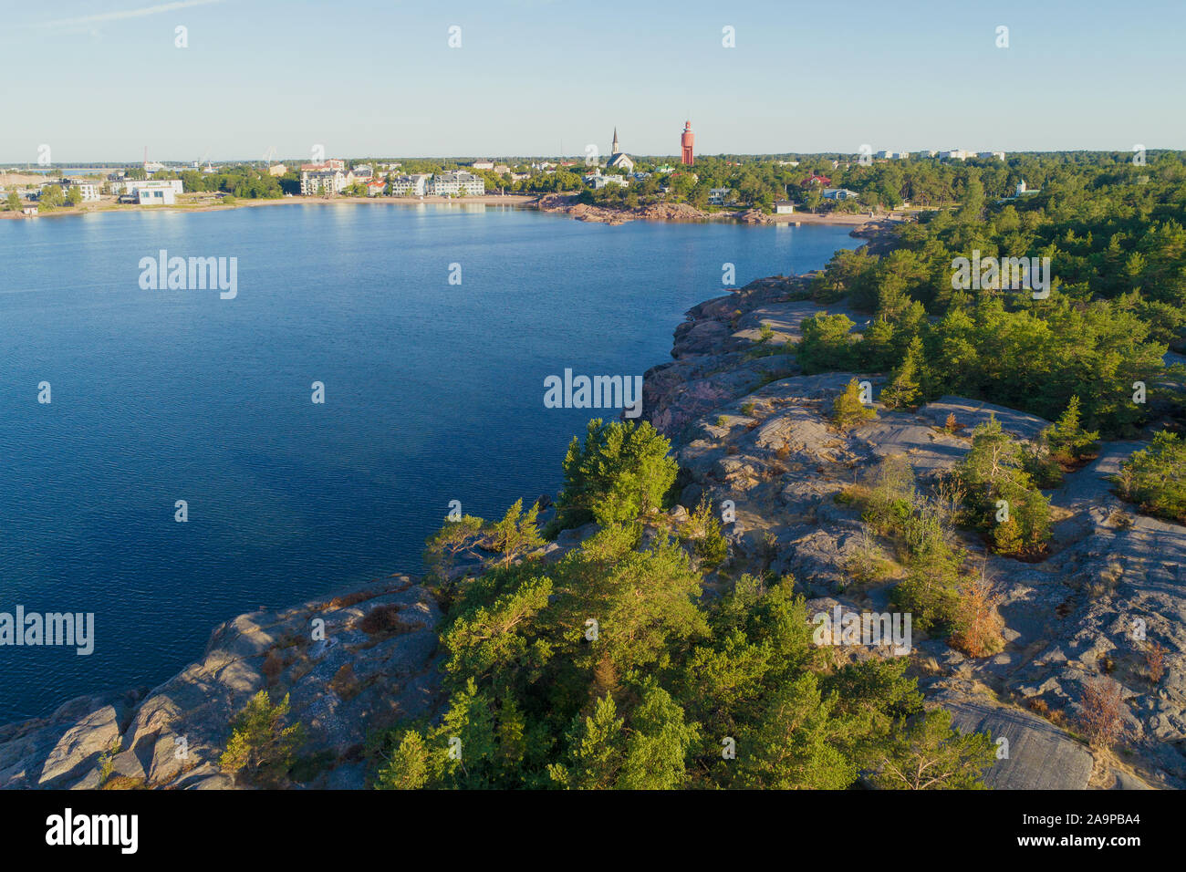 View of the bay of the city of Hanko on a sunny July morning (aerial photography). Southern Finland Stock Photo