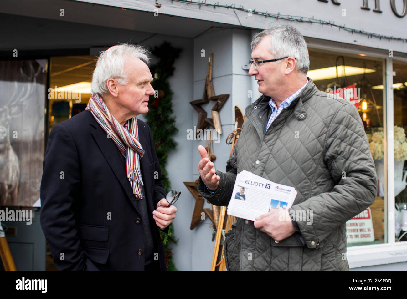 Tom Elliott (right) UUP candidate for Fermanagh and South Tyrone, talking with constitute during a constituency profile ahead of the upcoming general election later this year on December 12th. UUP are attempting to retake to the seat from Sinn Fein's Michelle Gildenew and have been strengthen after the DUP choose not to contest the constituency to bolster the Unionist vote with the ambition of returning a Unionist MP. Stock Photo