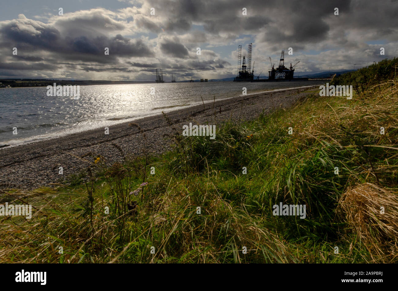 OIl rigs in the Cromarty Firth Sutherland Scotland UK Stock Photo
