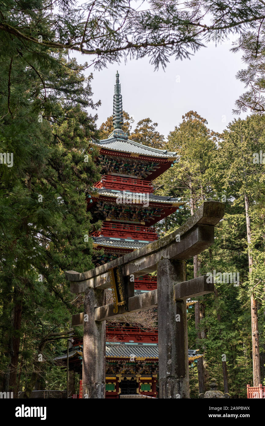 Tōshō-gū Shinto shrine five story pagoda in Nikko, Japan Stock Photo