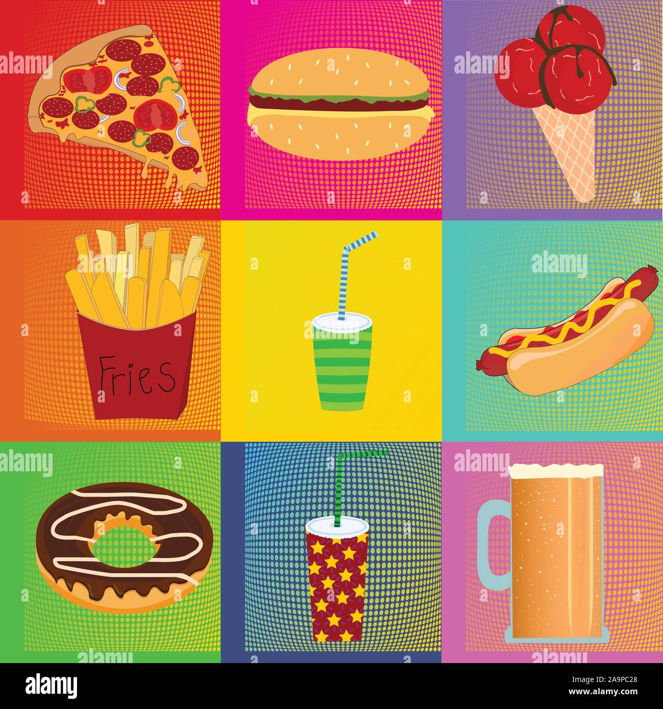 Pop Art Andy Warhol background with dots and food icond; pizza slice, burger,ice cream, fries, hot dog, donnut and drinks icons; vector illustration Stock Vector