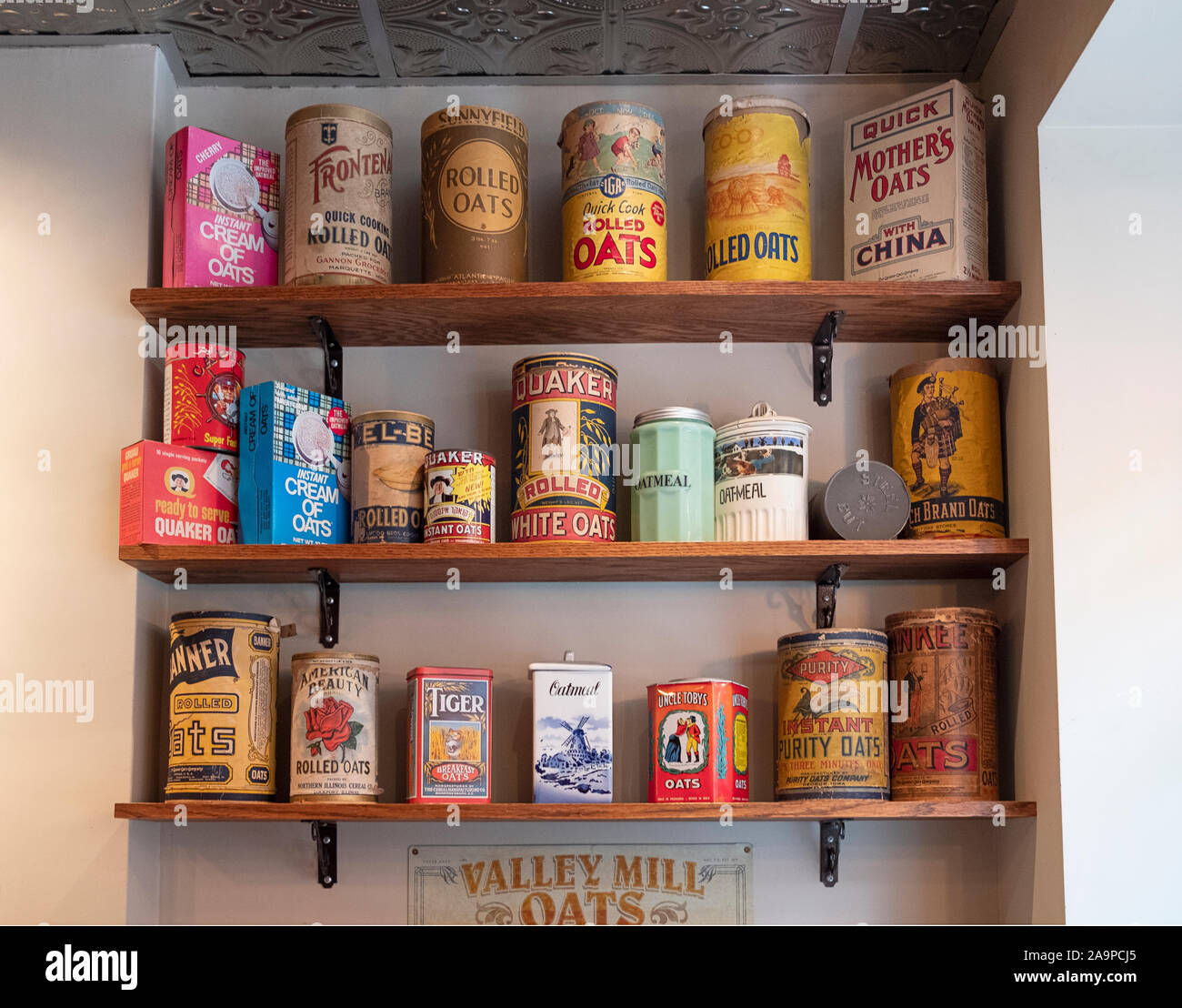 A cool collection of oatmeal packages and products at the OATMEALS restaurant, the world's first oatmeal bar. On West 3rd St. in Greenwich Village NYC Stock Photo