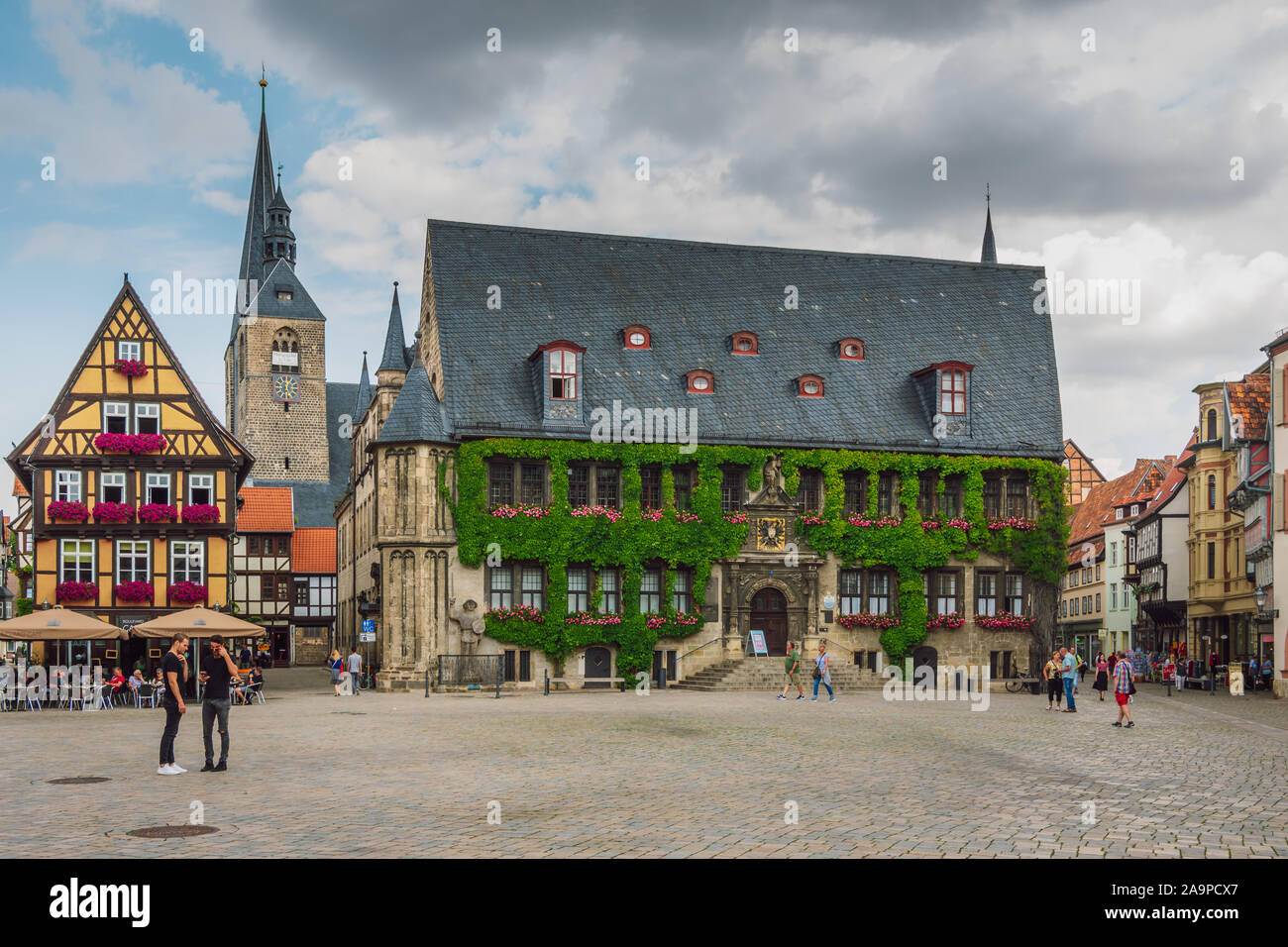 Market Square with tourists ,Town Hall, BoulevardCafe and church St