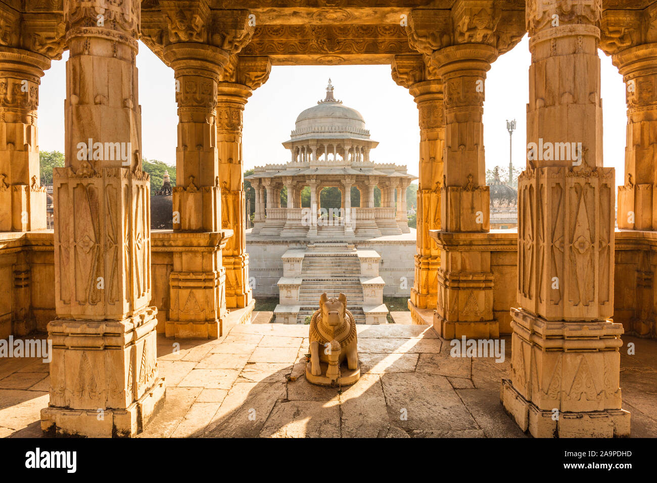 Inside of a temple at sunrise in India Udaipur Stock Photo