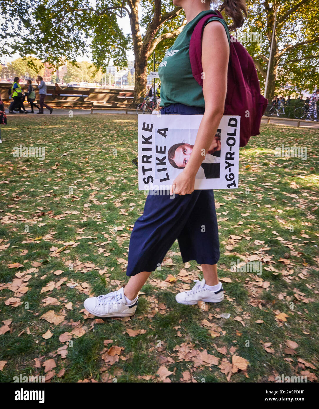 Great Thunberg Swedish Climate Change Activist Posters at a London March 2019 Stock Photo