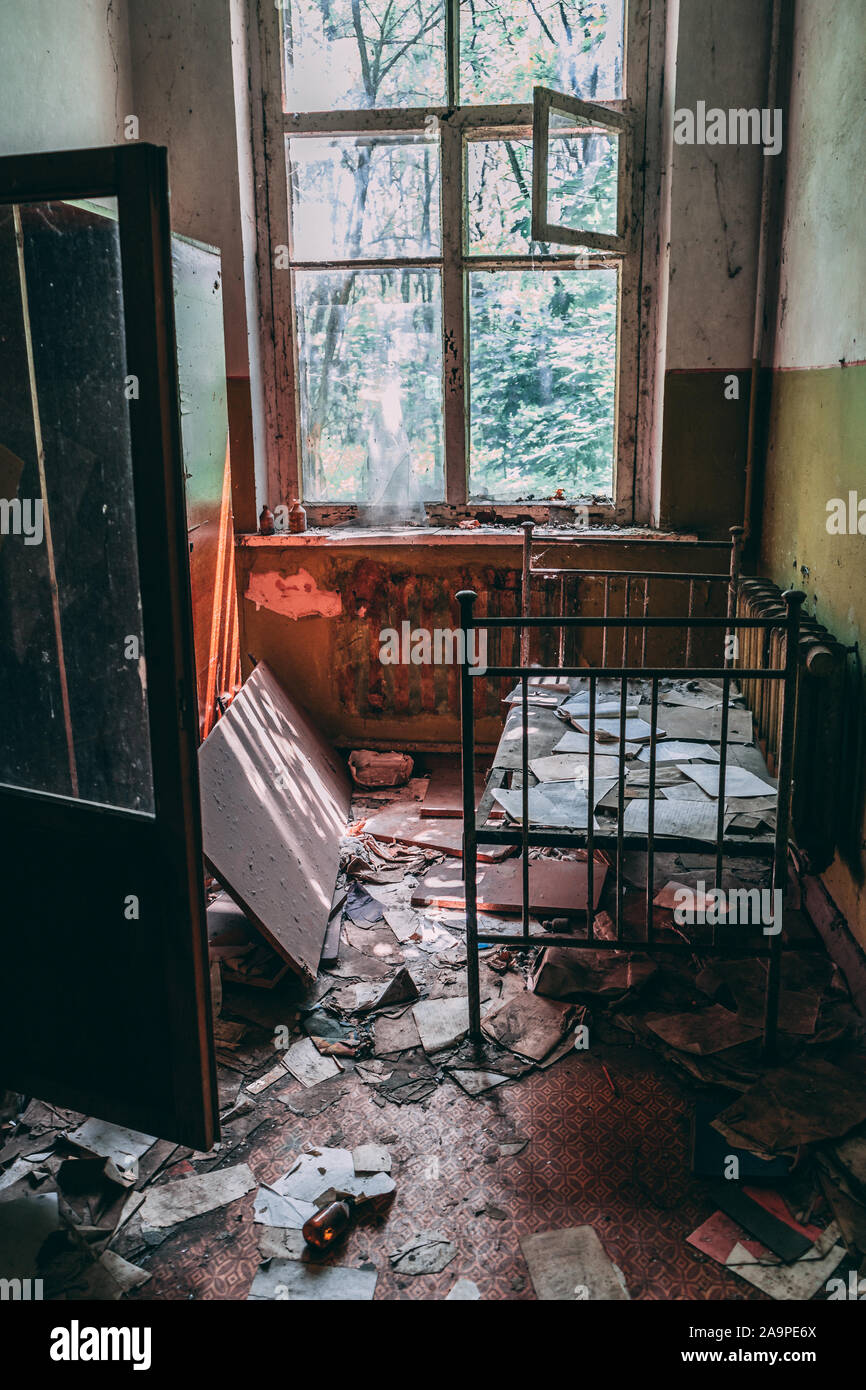 Abandoned infants school in the exclusion zone of Chernobyl Stock Photo
