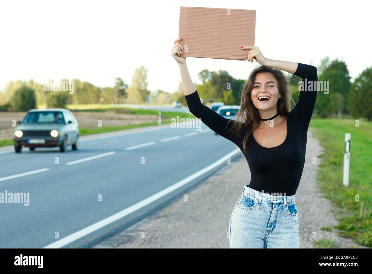 Young woman hitchhiker on the road is holding a blank cardboard sign