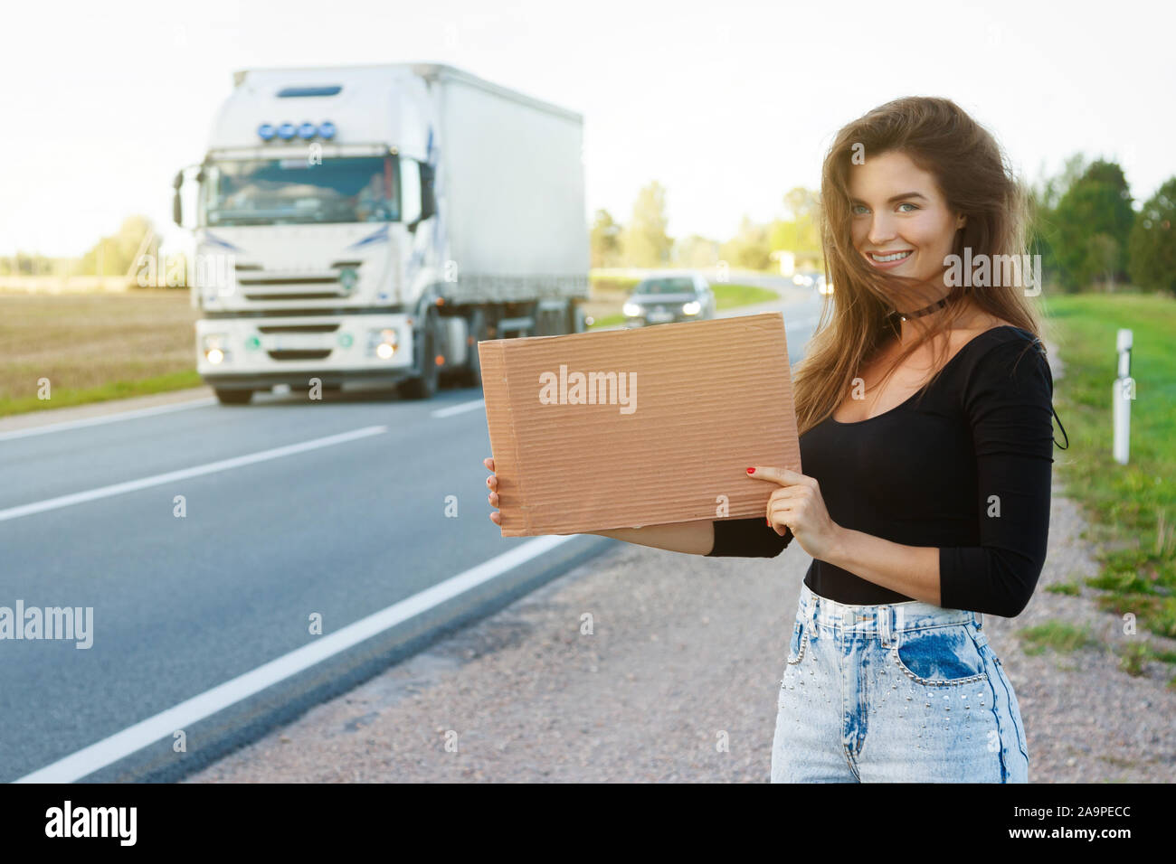 Young woman hitchhiker on the road is holding a blank cardboard sign Stock Photo Alamy