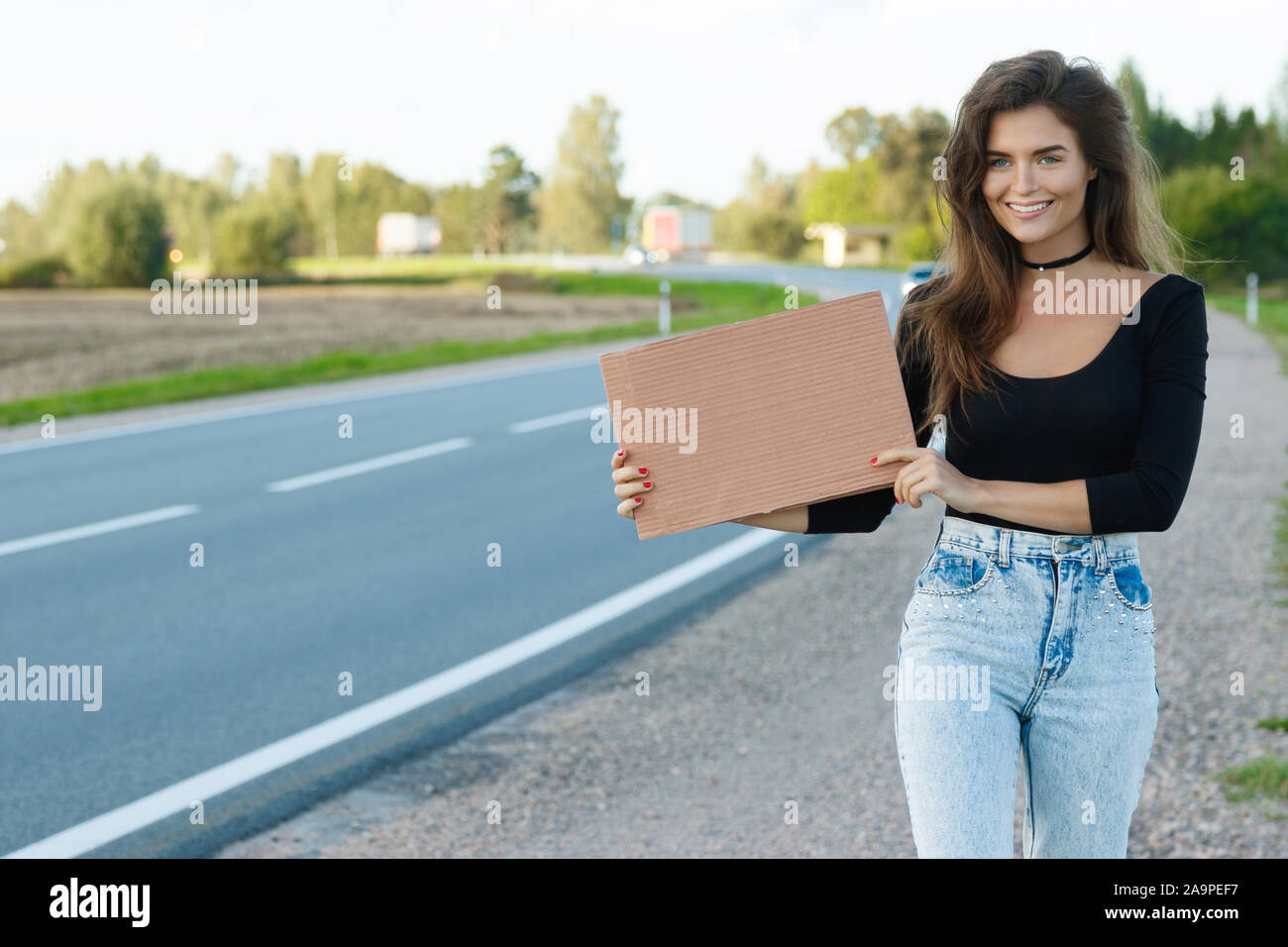 Young woman hitchhiker on the road is holding a blank cardboard sign