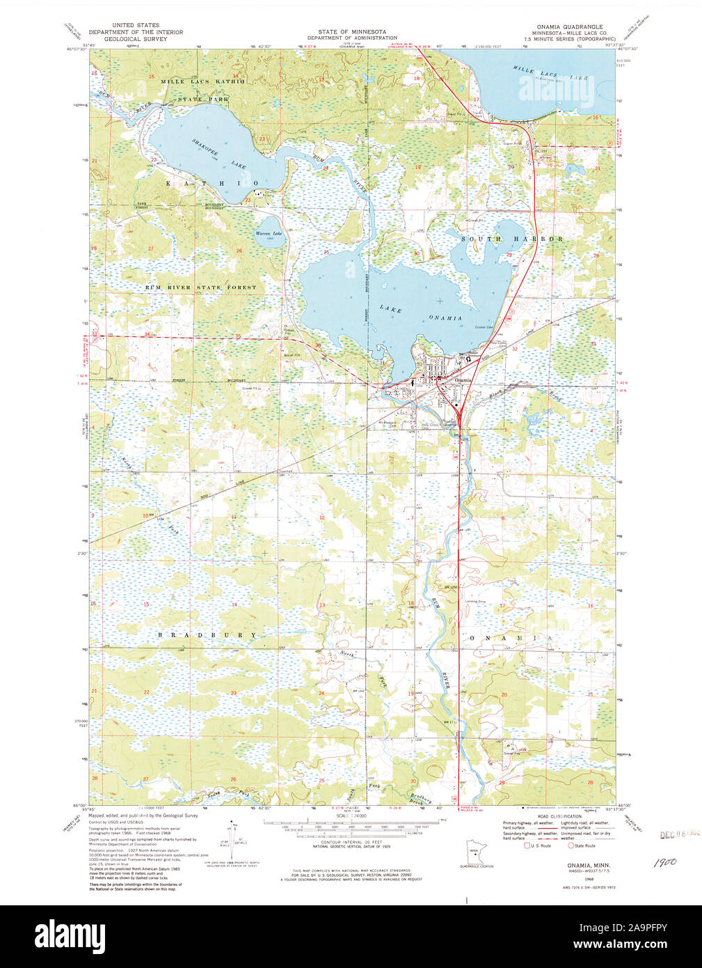 USGS TOPO Map MInnesota MN Onamia 805161 1968 24000 Restoration Stock Photo