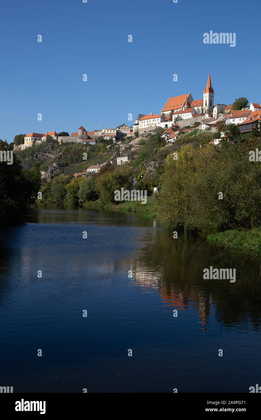 The royal historic town of Znojmo, with its castle high above the Dyje river valley. Southern Moravia, Czech Republic Stock Photo
