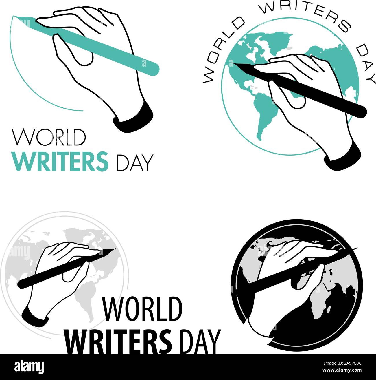 Vector hands illustration. Isolated art logo. White and black. Art studio. Writer business sign. World writer s and artist s day. Stock Vector