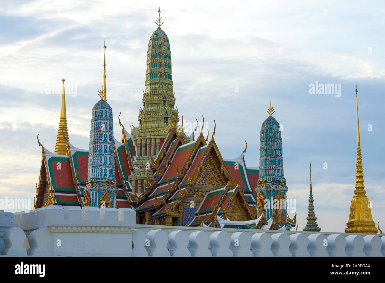 Fragment of the Grand Royal Palace on evening twilight. Bangkok, Thailand Stock Photo