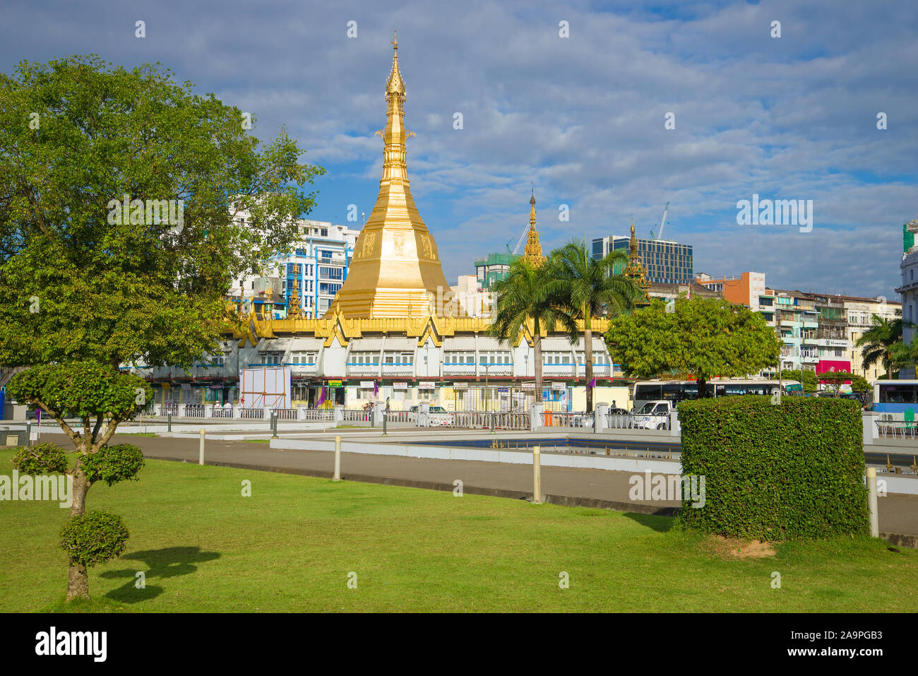 YANGON, MYANMAR - DECEMBER 17, 2016: Sule Pagoda in the cityscape on a cloudy day Stock Photo