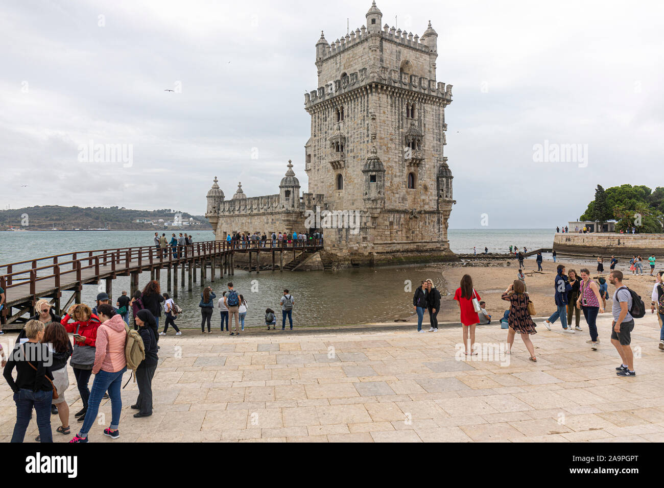 Torre de Belem, Belém Tower (Portuguese: Torre de Belém, , officially the Tower of Saint Vincent .  A major visitor attraction Stock Photo