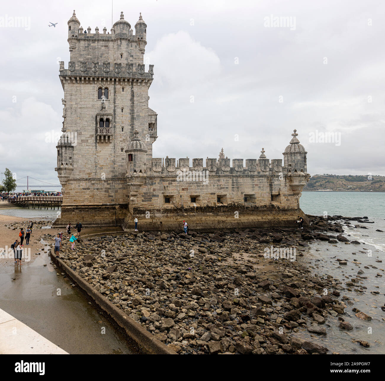 Torre de Belem, Belém Tower (Portuguese: Torre de Belém, , officially the Tower of Saint Vincent .  A major visitor attraction Stock Photo